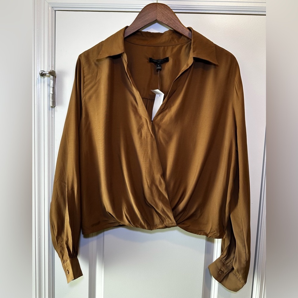 Banana Republic Women Long Sleeve Cinnamon Brown Cropped Wrap Top Fall Aesthetic